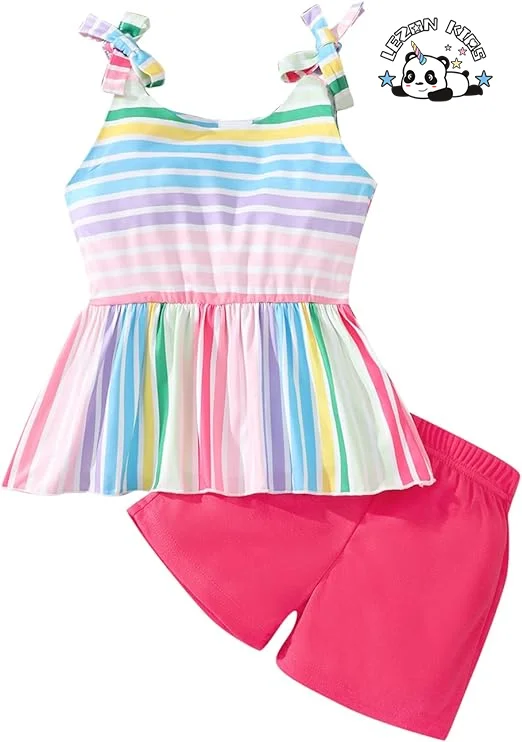 LEZONKIDS - Customizable Wholesale New Products Cute rainbow Suspenders T-shirt and Shorts Little Girls Clothing Sets